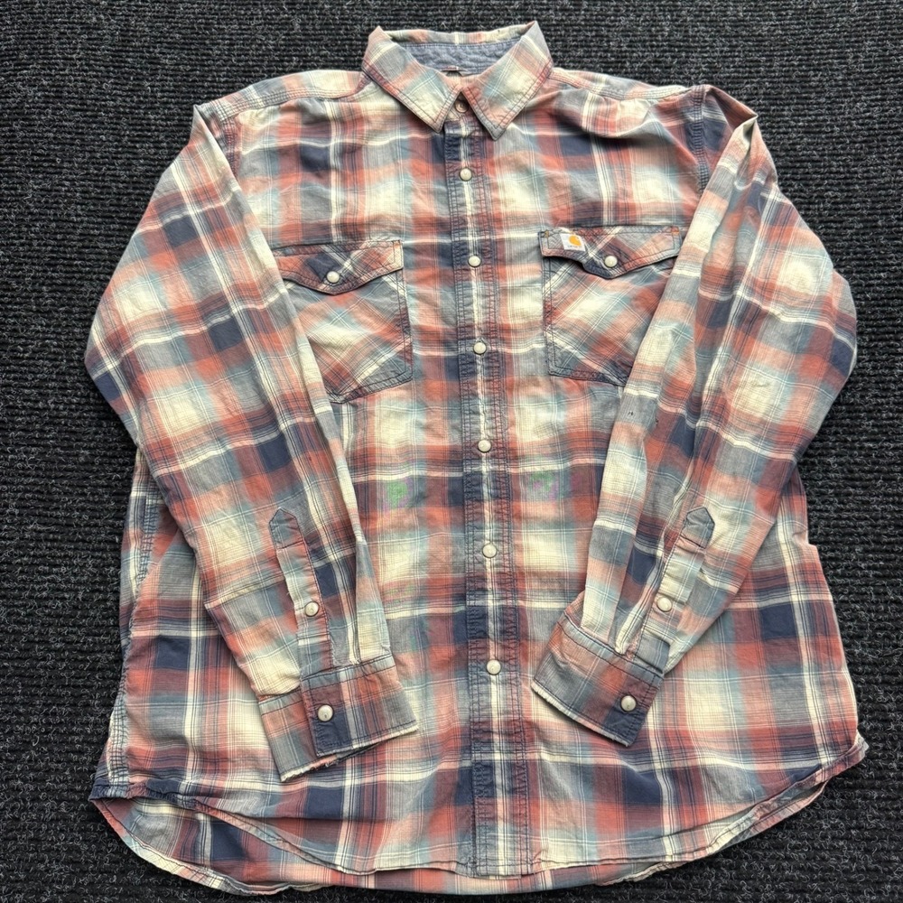Carhartt Mens Plaid Pearl Snap Long Sleeve Shirt Red Blue Workwear Distressed L